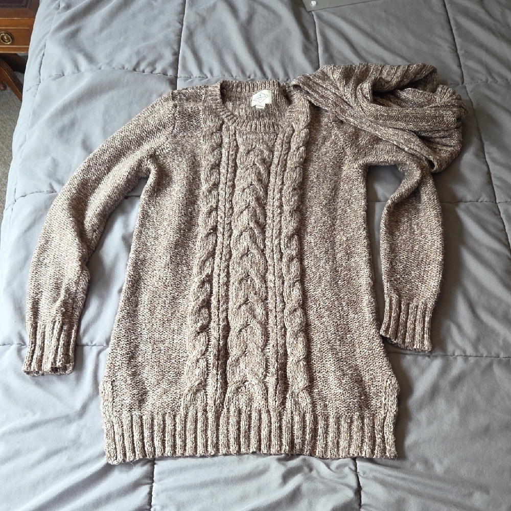 St. John's Bay Brown Crew Neck With Add On Cowl Neck Cable Knit Sweater M Tall